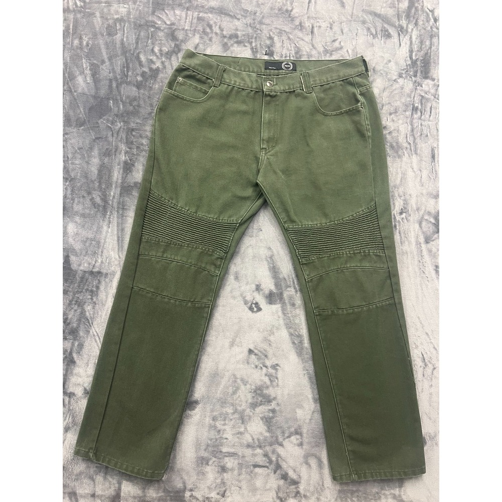 Mens Biker Jeans 40x34 Olive Green Denim Cotton Mid Rise Outdoor Straight Leg